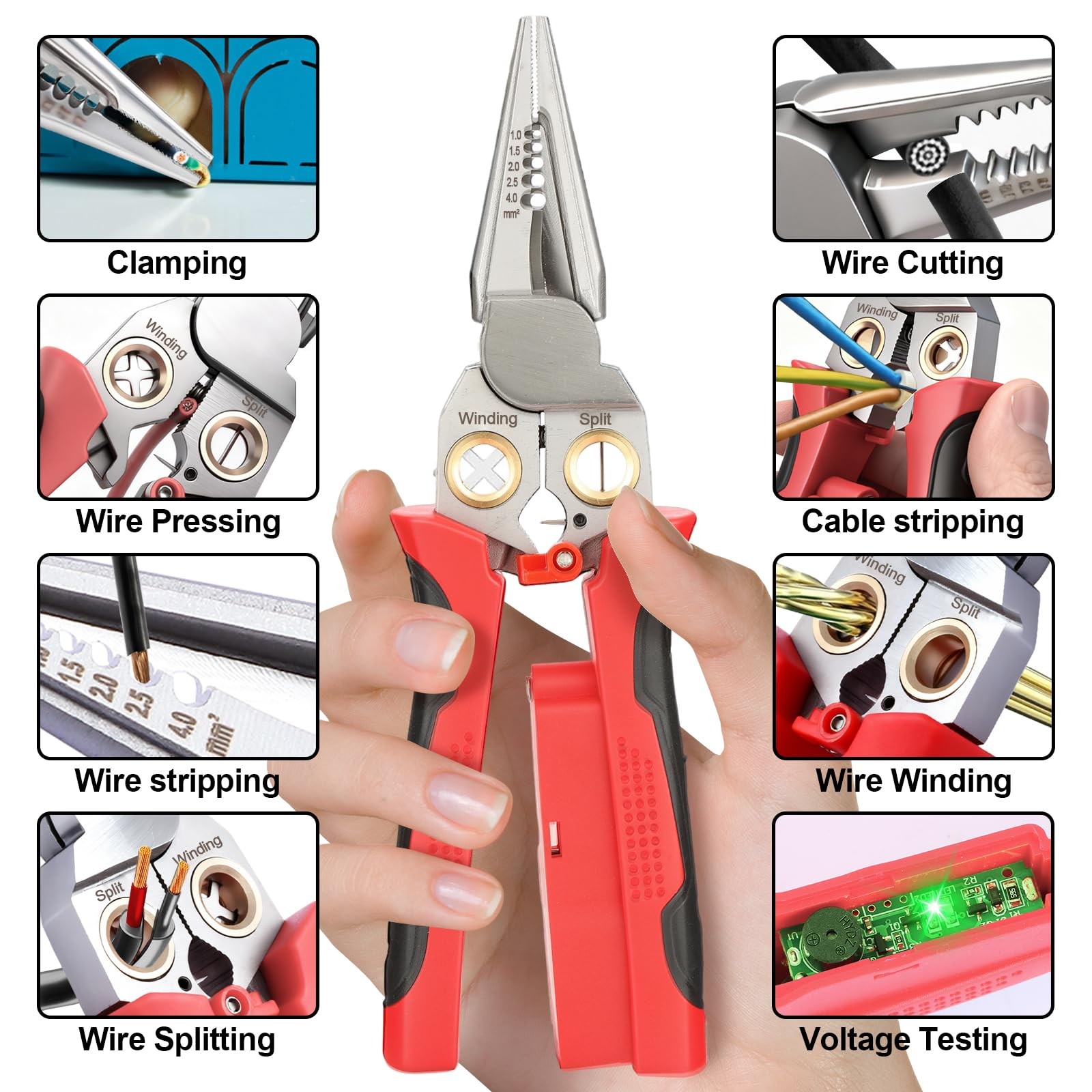 JEJIEFI Pro 8-in-1 Wire Stripping Pliers with Voltage Tester for Red