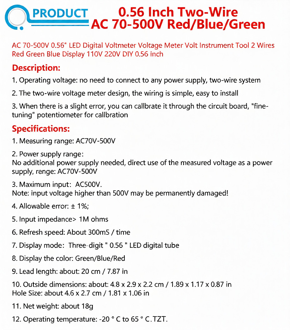 9Pcs, 3 of Each color AC 70-500V digital voltmeter LED display 2 wire volt meter