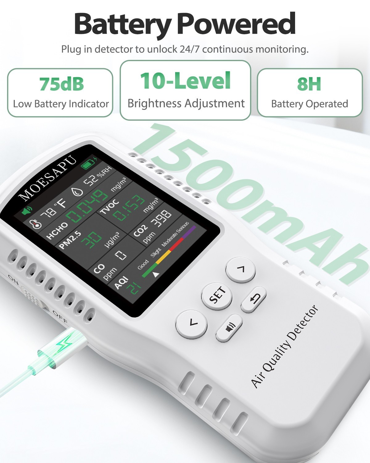8-In-1 Air Quality Monitor, HCHO TVOC PM2.5 CO CO2 Detector