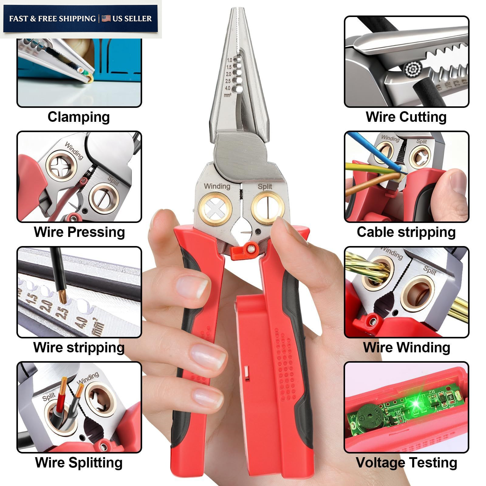 JEJIEFI Pro 8-in-1 Wire Stripping Pliers with Voltage Tester for Red