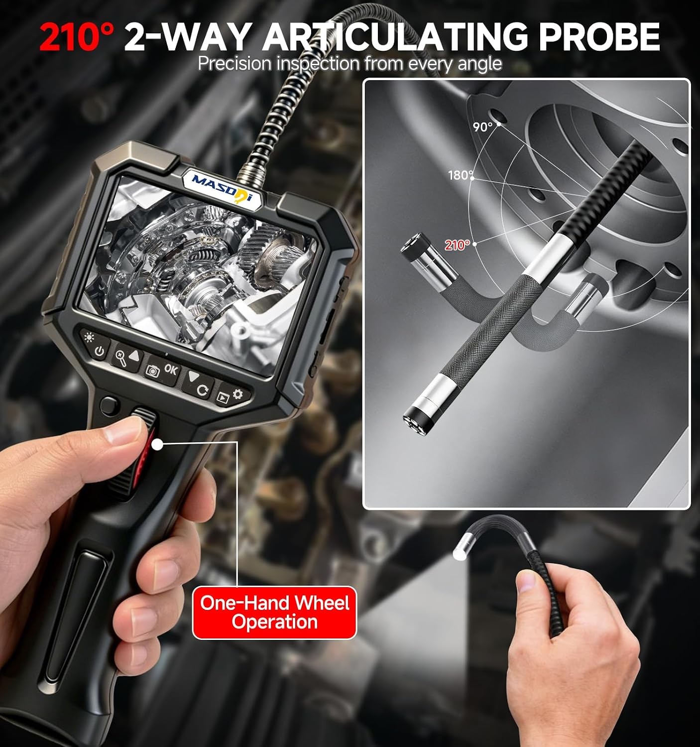 3.3FT Two-Way Articulating Borescope, Endoscope Camera with Light 0.24in