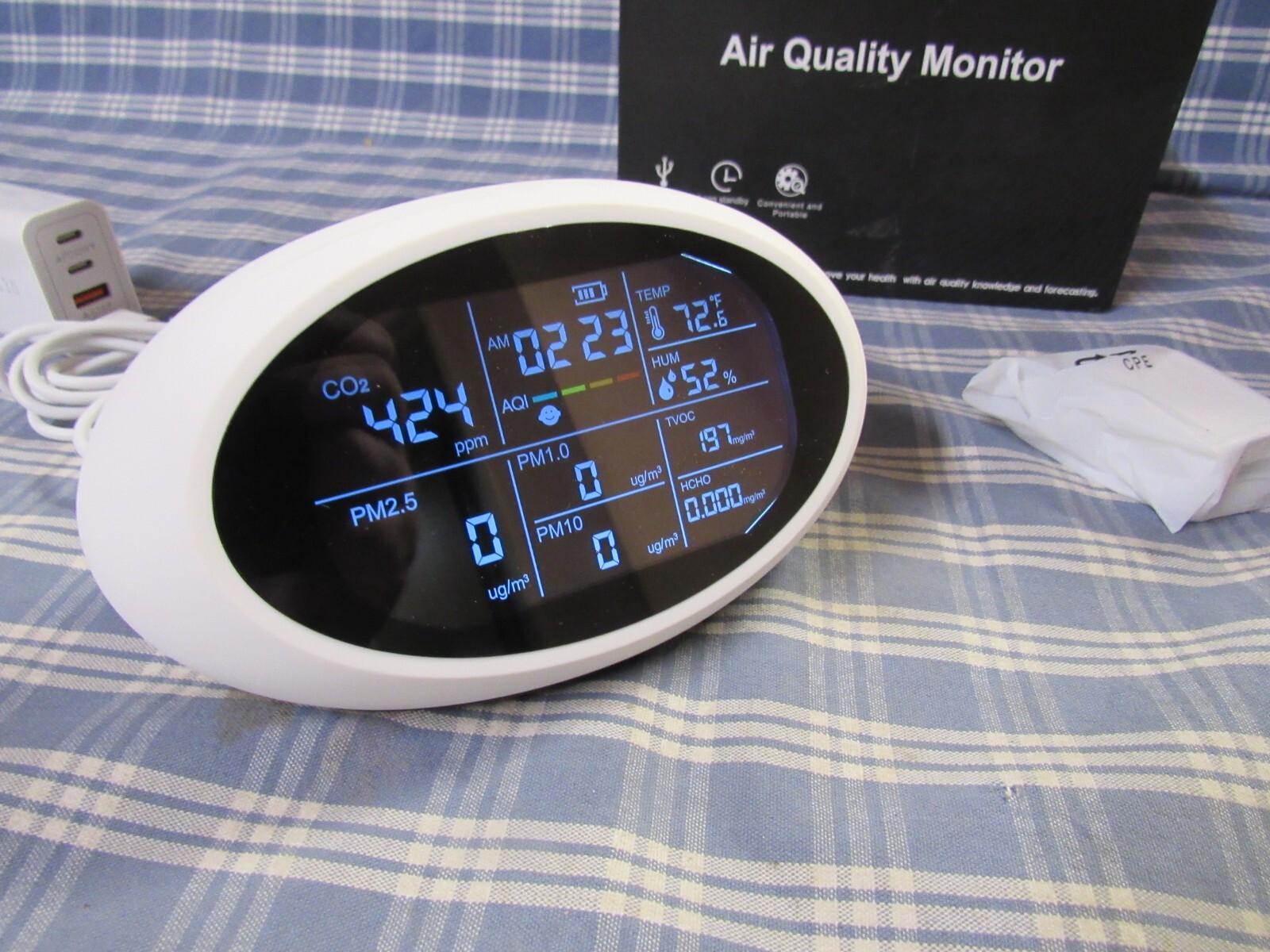 Rozoroo 12-in-1 Portable Air Quality Monitor CO2 PM1.0 HCHO (Open Box) FREE SHIP