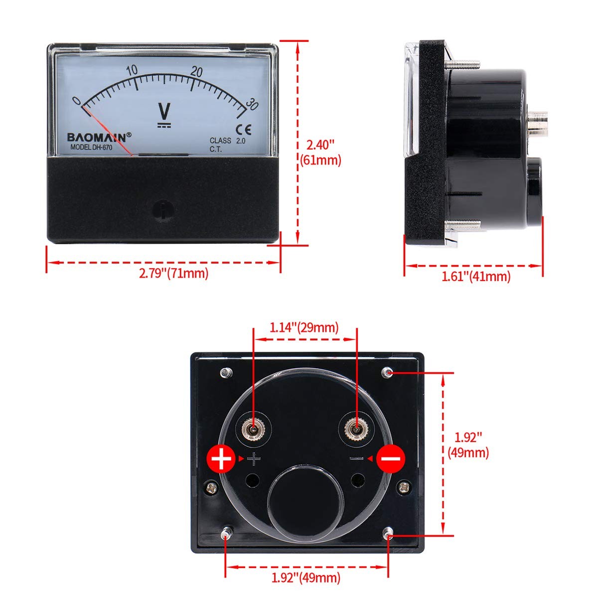 Baomain Voltmeter DH-670 DC 0-30V Rectangular Class 2.0 Analog Panel Clear