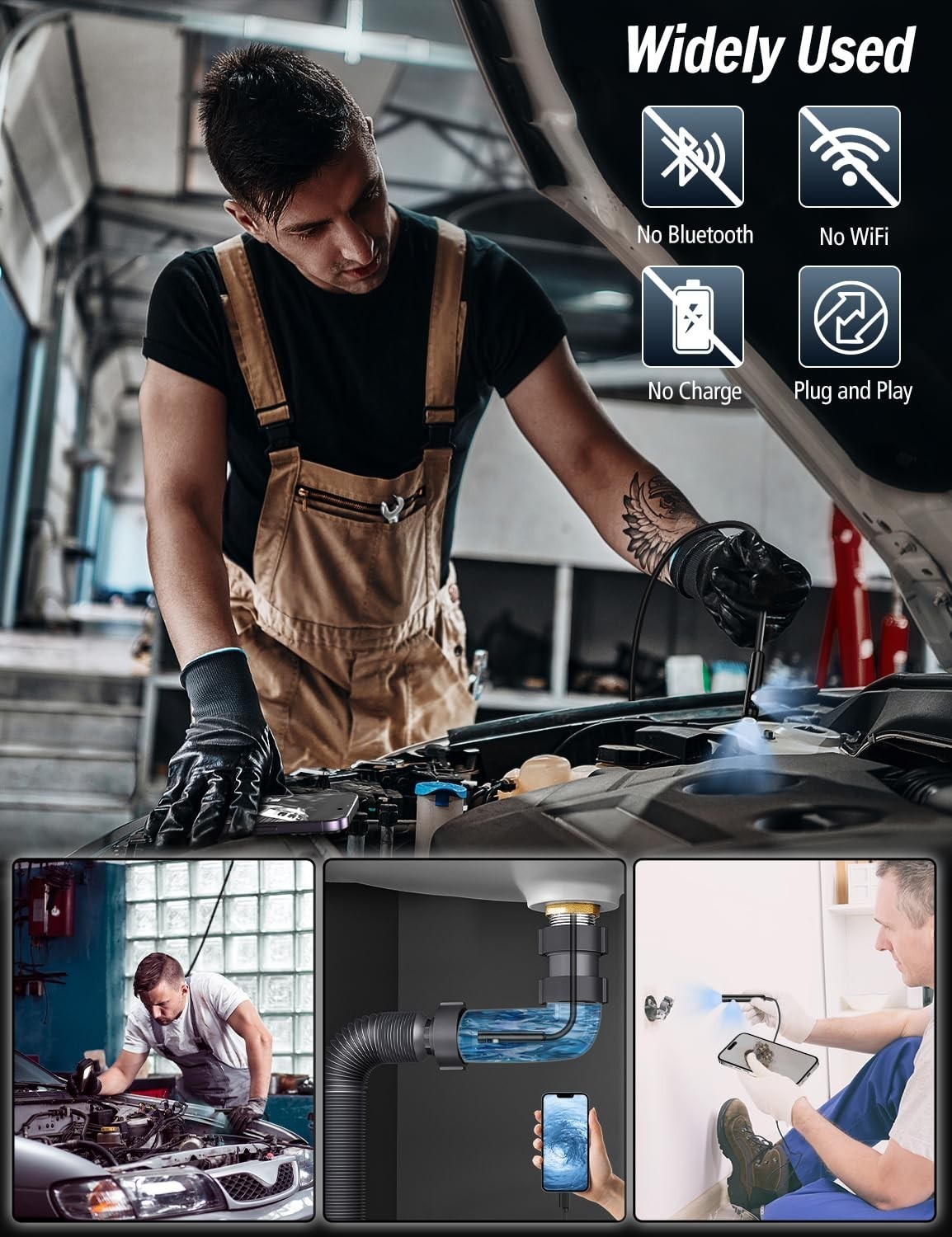 Dual Lens Endoscope Camera -1920P HD Borescope with 8 LED Lights for iOS/Android