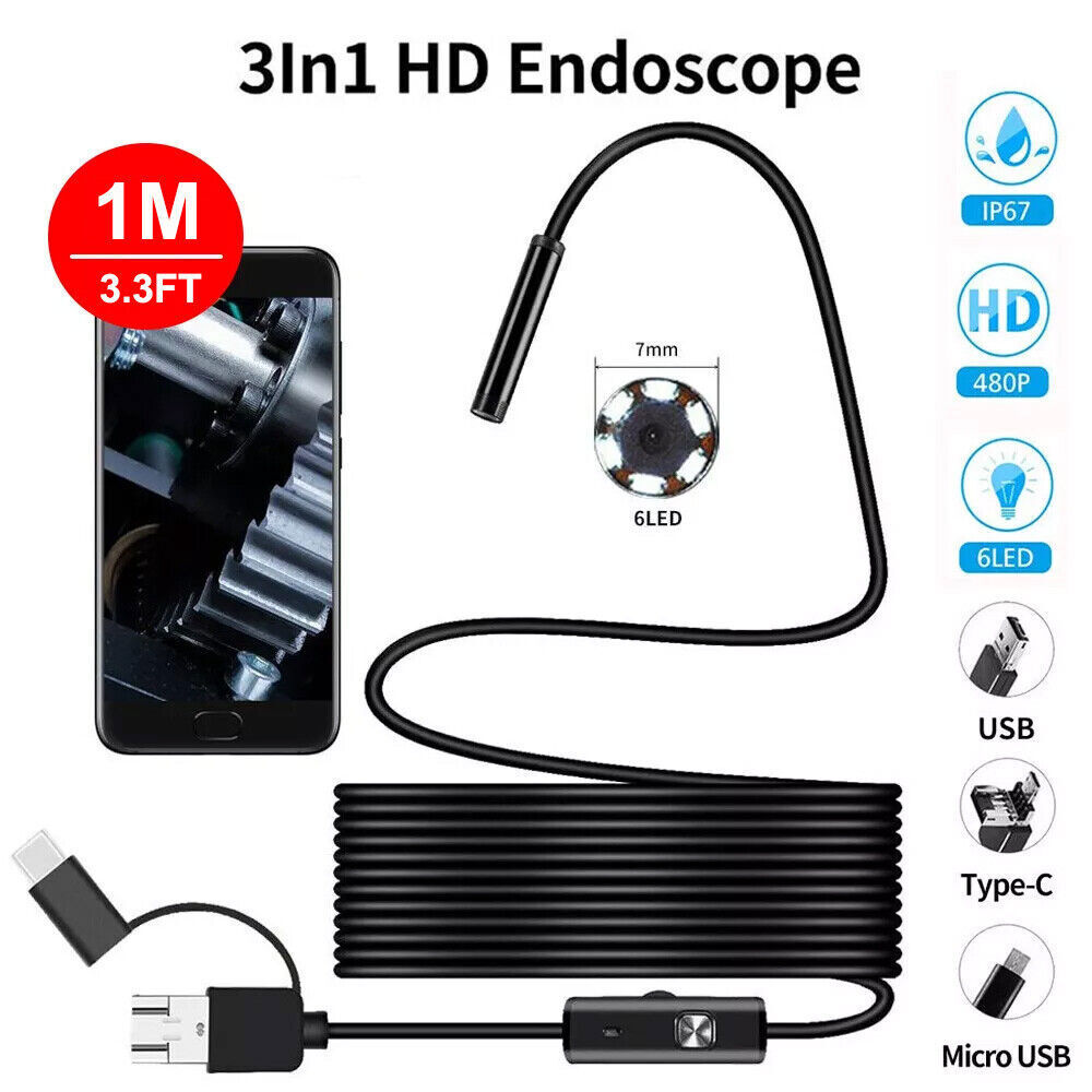 7mm Endoscope Camera with Light Dual-Lens HD Borescope IP67 Inspection Snake Cam