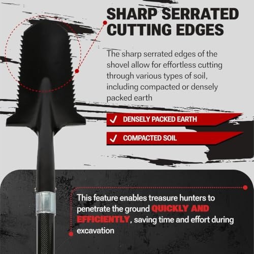 Metal Detector Shovel Carbon Steel Serrated Blade Carbon Fiber Handle Black