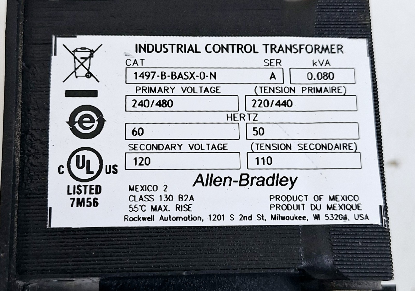 Allen-Bradley 1497-B-BASX-0-N Series A Industrial Control Transformer 0.080 kVA