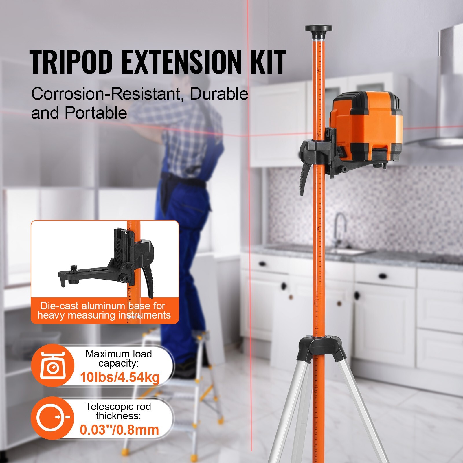VEVOR Laser Level Tripod 1/4″-20 & 5/8″-11 Thread 40.94-133.85 in Height Adjust