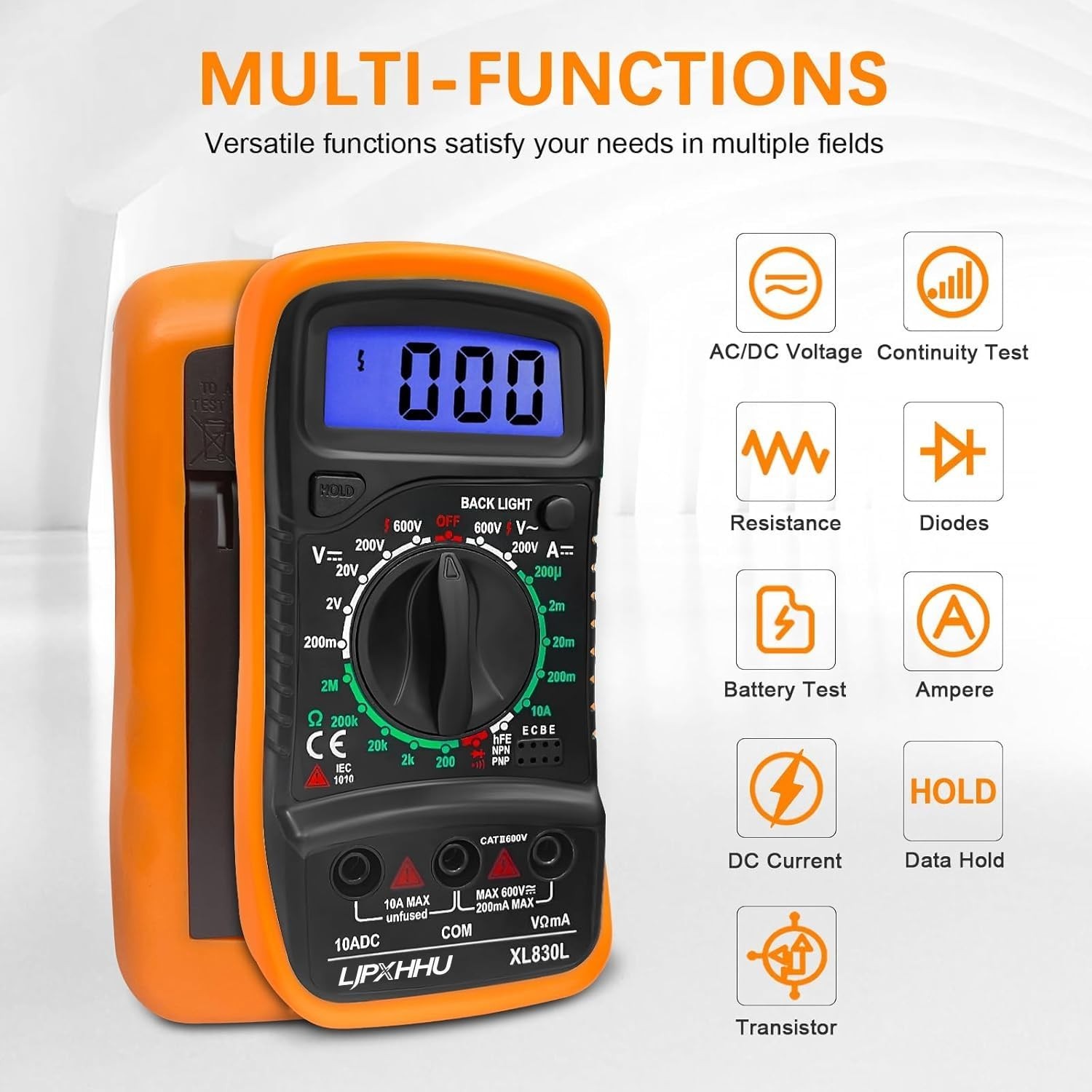 Digital Multimeter Voltmeter Battery Voltage Multi Tester Orange and Black