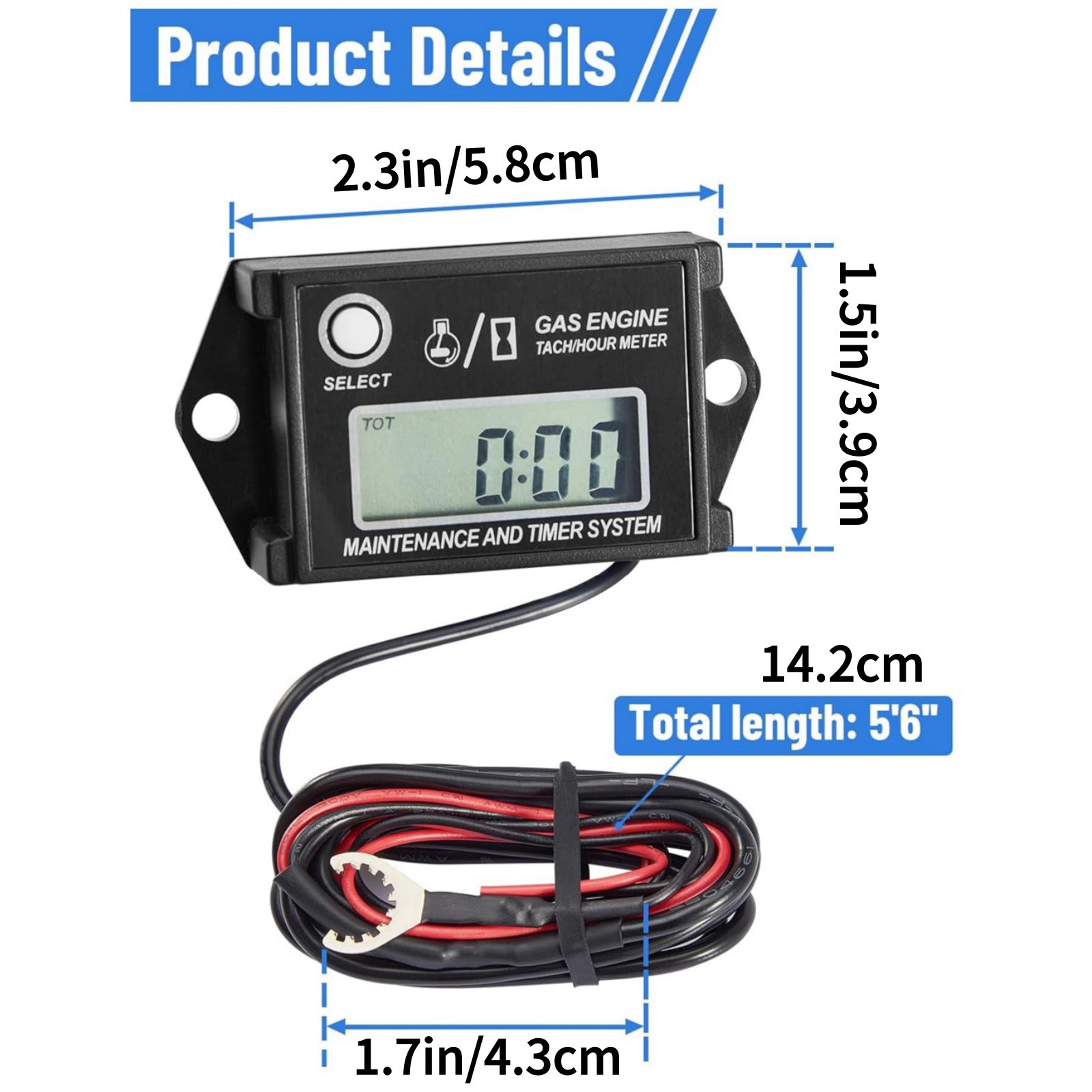 Tachometer Hour Meter 25000RPM With Service Timer For Motorcycle Lawn Mower