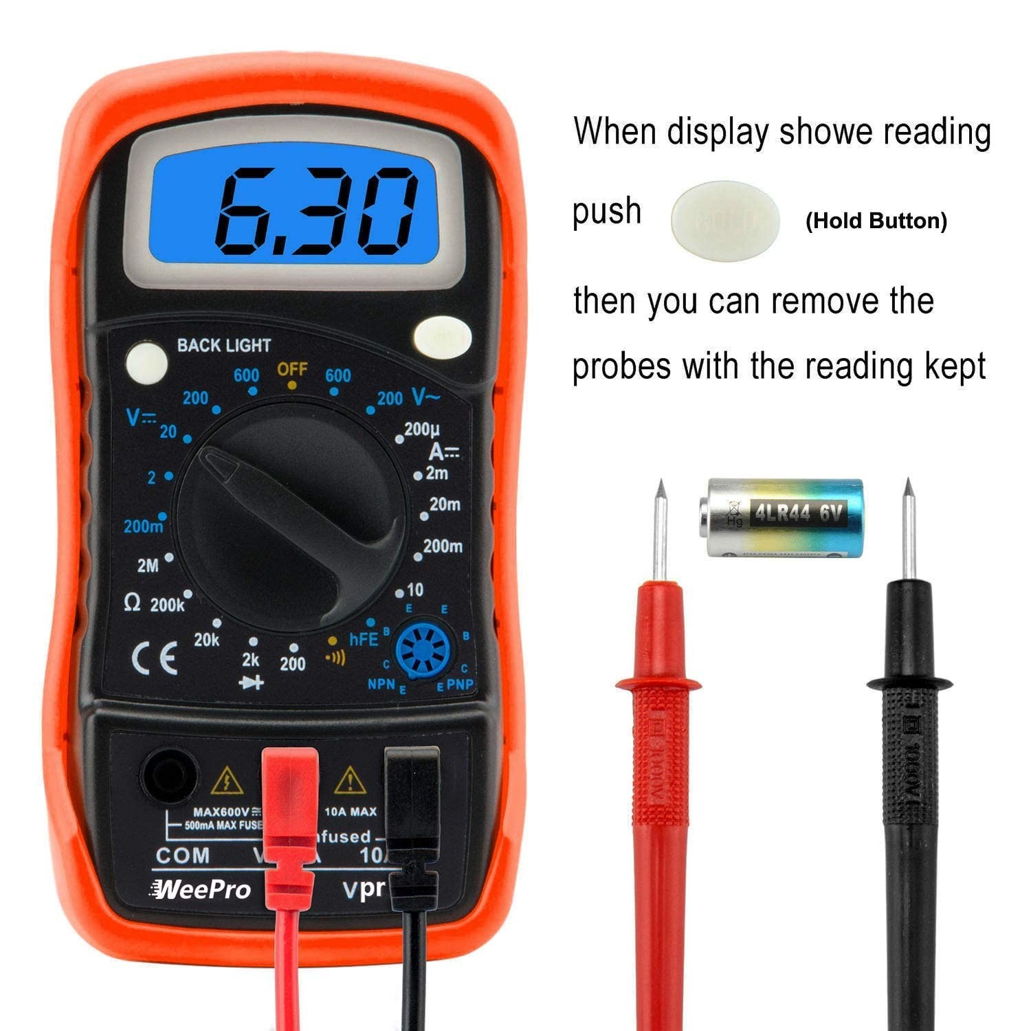 WeePro Vpro850L Digital Multimeter DC AC Voltmeter, Ohm Volt Amp Test Orange