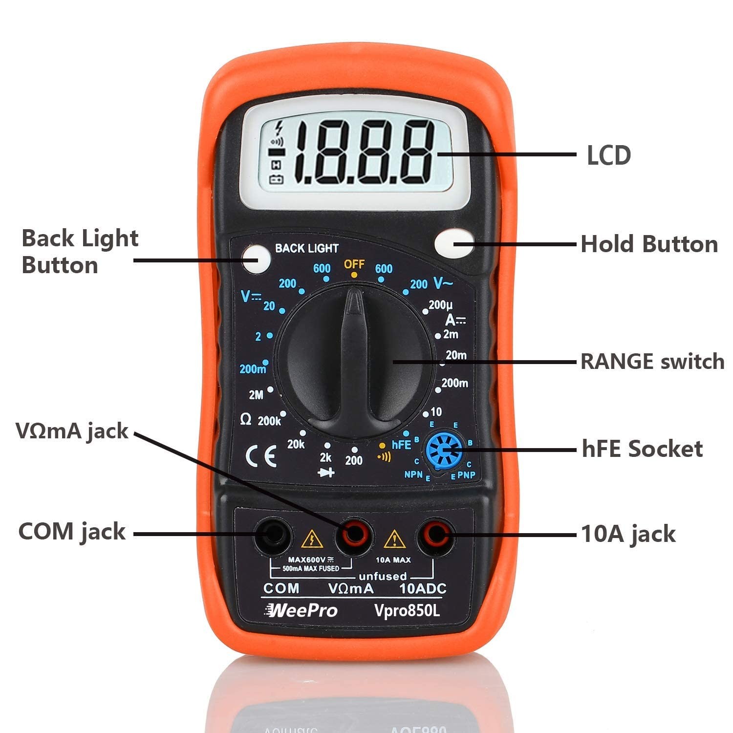 WeePro Vpro850L Digital Multimeter DC AC Voltmeter, Ohm Volt Amp Test Orange