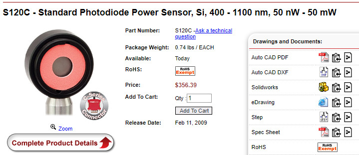 Thorlabs S120C Silicon Detector 400-1100nm 50mW