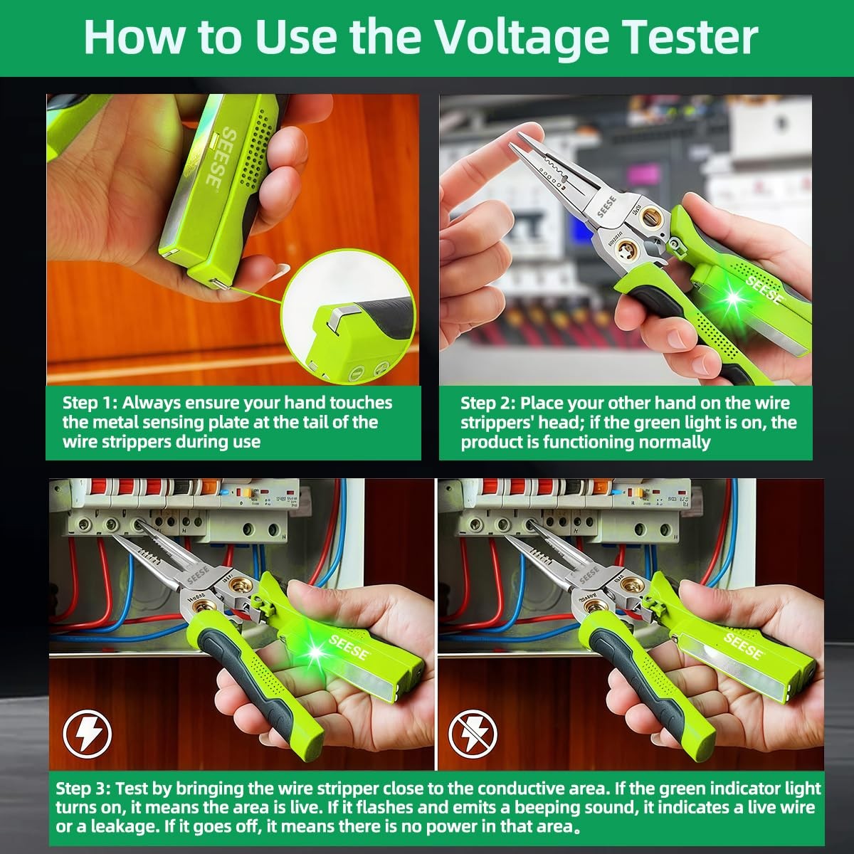SEESE 8-in-1 Wire Stripper for Electrician: Needle Nose Pliers with Green