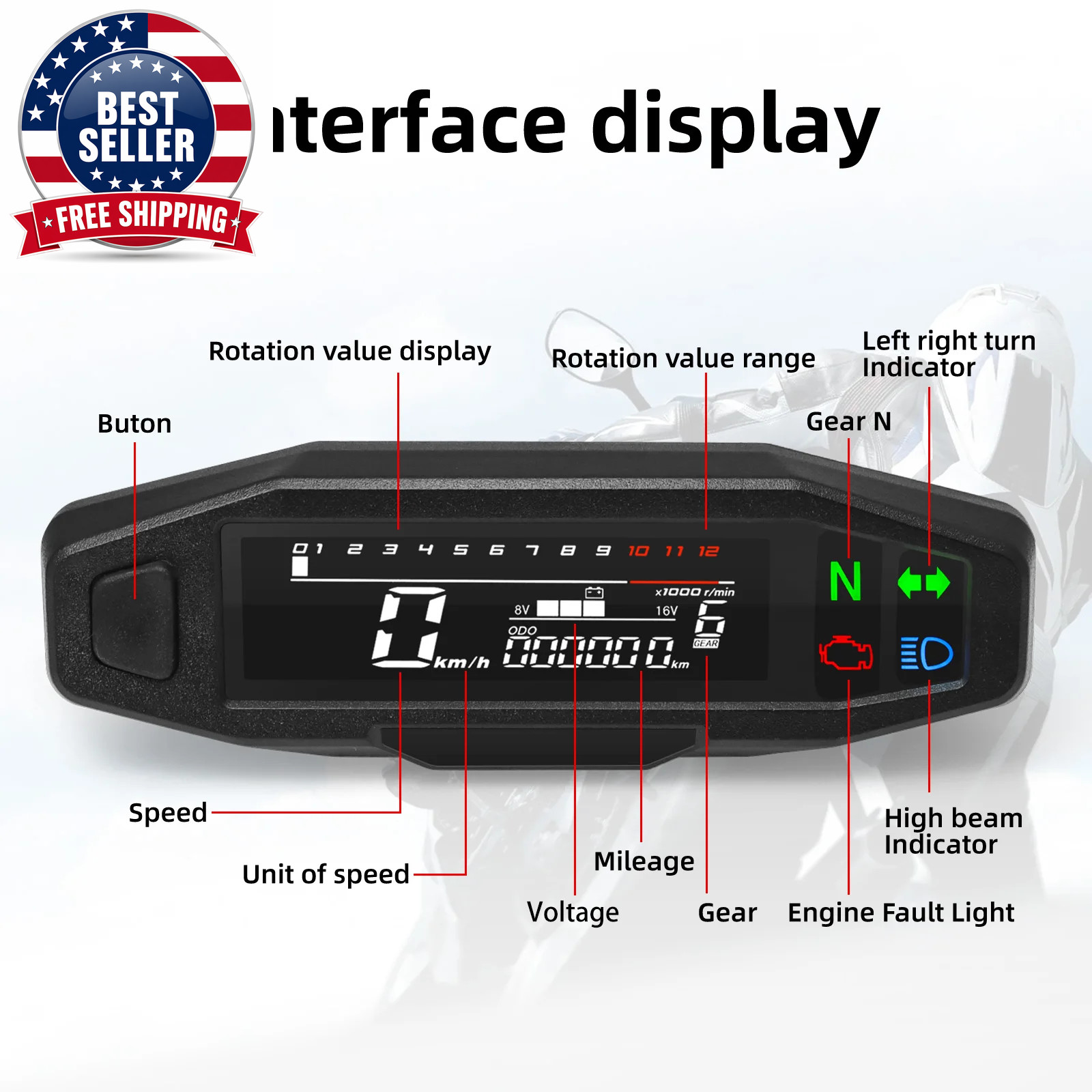 AD Motorcycle Digital Dash Universal GPS Speedometer KM/H with Turn Signal Light