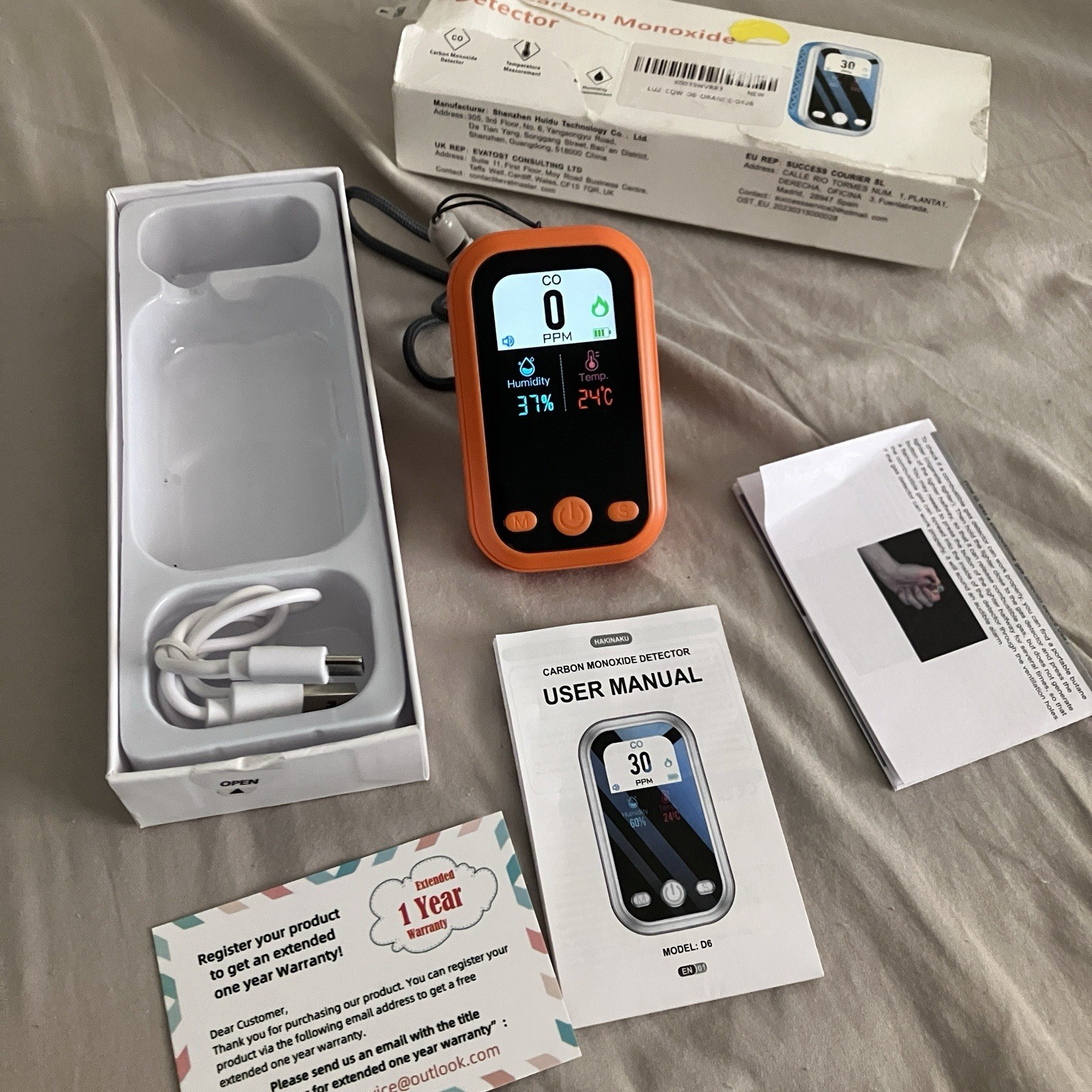 HAKINAKU D6 Portable Carbon Monoxide Detector, Orange, 0-1000ppm, 1000mAh