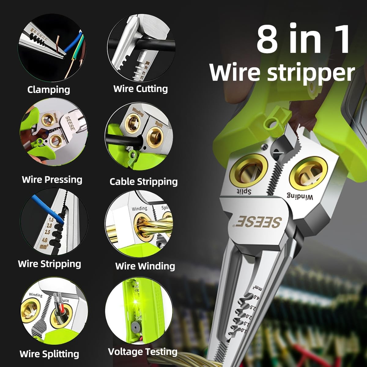 SEESE 8-in-1 Wire Stripper for Electrician: Needle Nose Pliers with Green