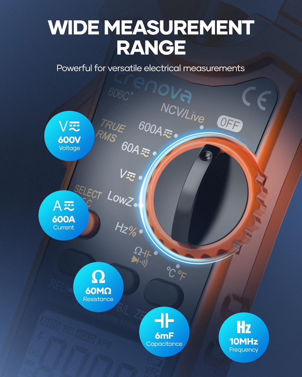 Crenova Clamp Meter Multimeter 600A AC/DC 6000Counts TRMS Electrical Orange
