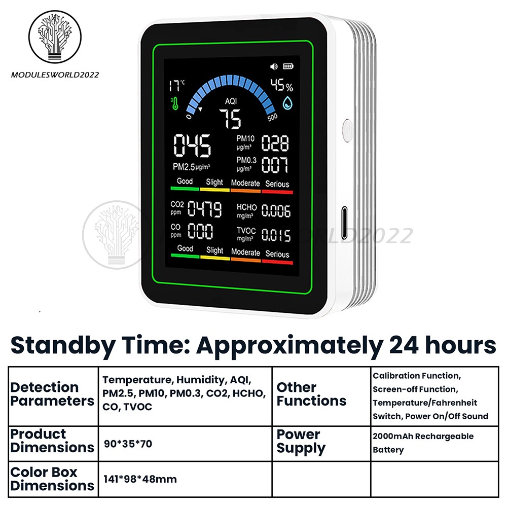 10-in-1 Air Quality Detector PM2.5 PM10 PM HCHO TVOC CO CO2 Formaldehyde Monitor
