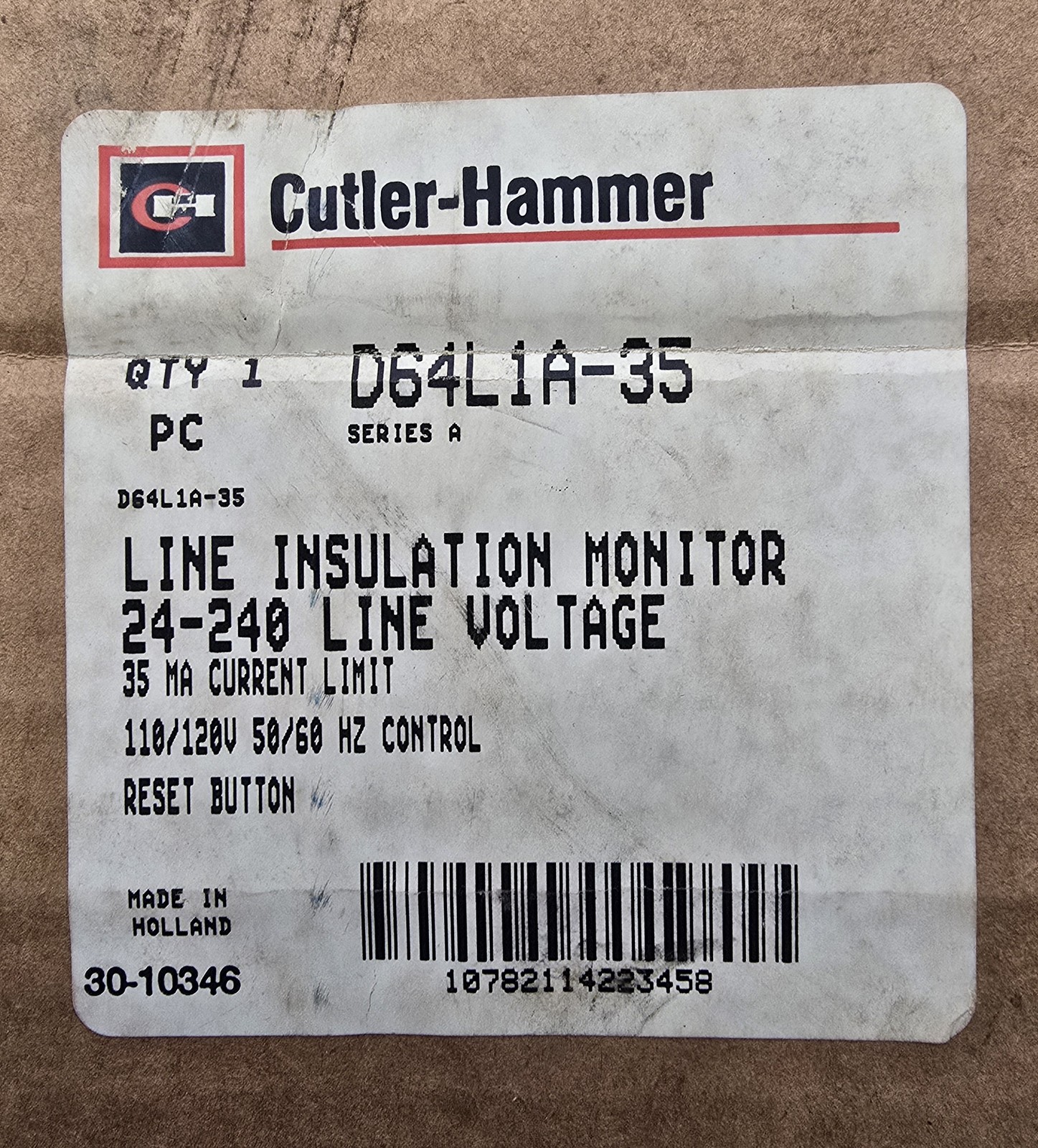 Cutler Hammer D64L1A-35 Current Limit Line Insulation Monitor 35mA