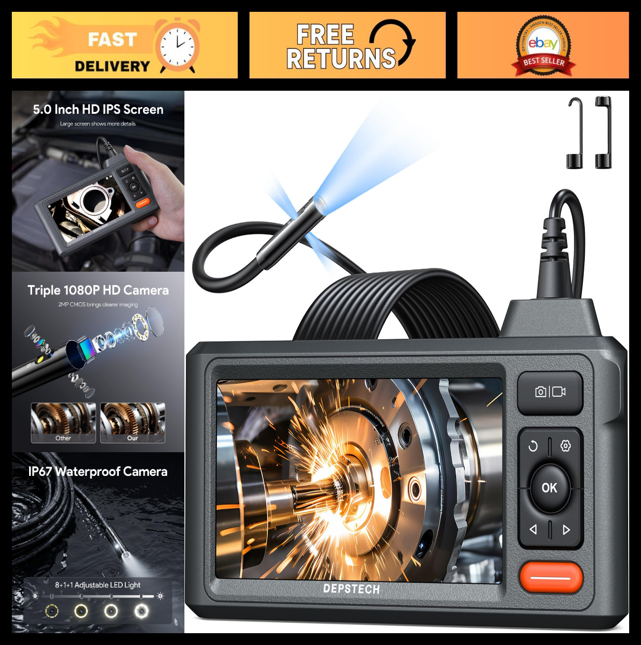 1080P Waterproof Endoscope Camera with Triple Lens & 5″ IPS Screen – 16.5FT Flex