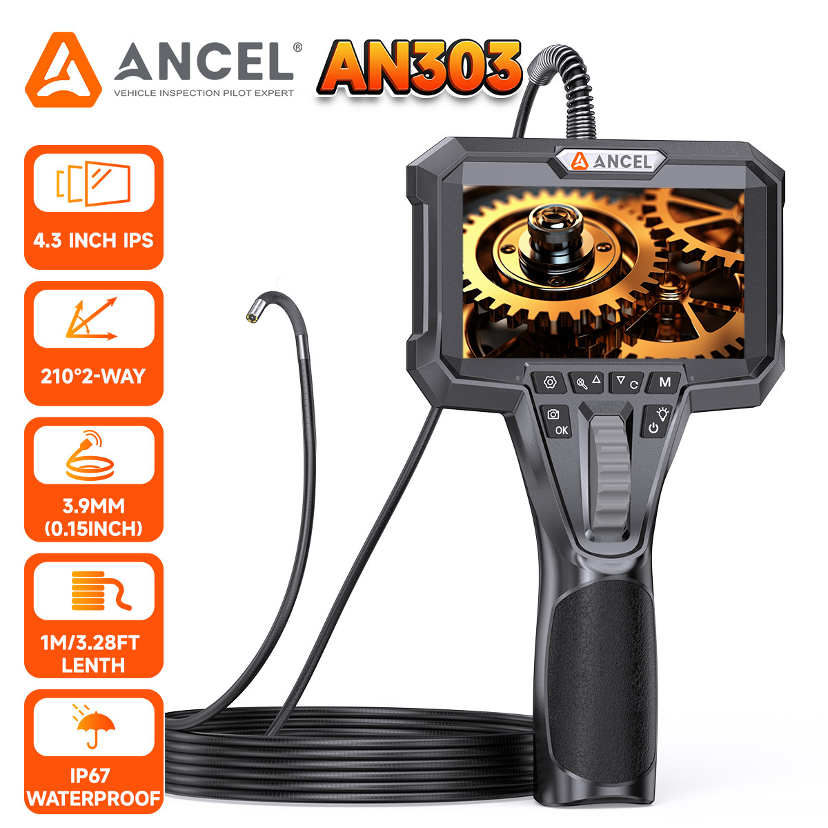 ANCEL AN303 3.9MM Borescope Camera 210° Inspection Camera with Screen 4.3inch