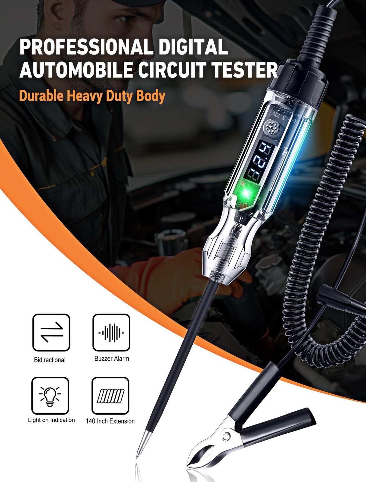 Automotive Buzzer Test Light 3-72V DC Digital LED Voltmeter Dual Color Polarity