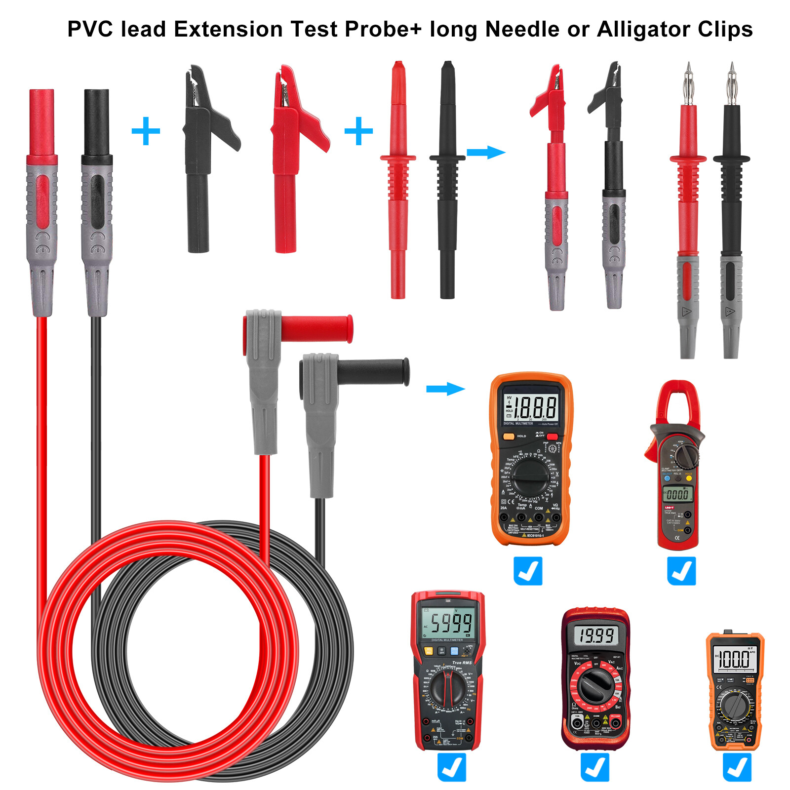 8Pcs Automotive Back Probe Kit Multimeter Test Leads Alligator Clips Wire Tool
