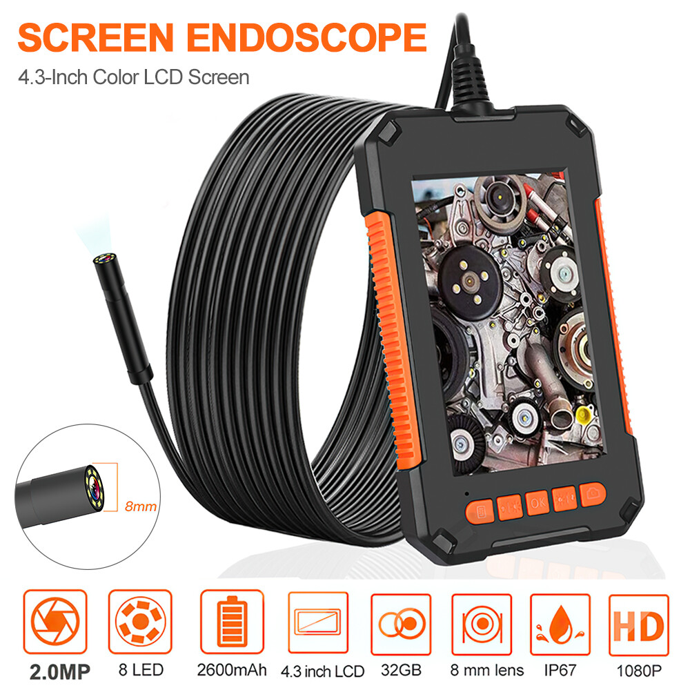 1080P HD Industrial Endoscope Borescope LCD 4.3inch 8mm Inspection Snake Camera