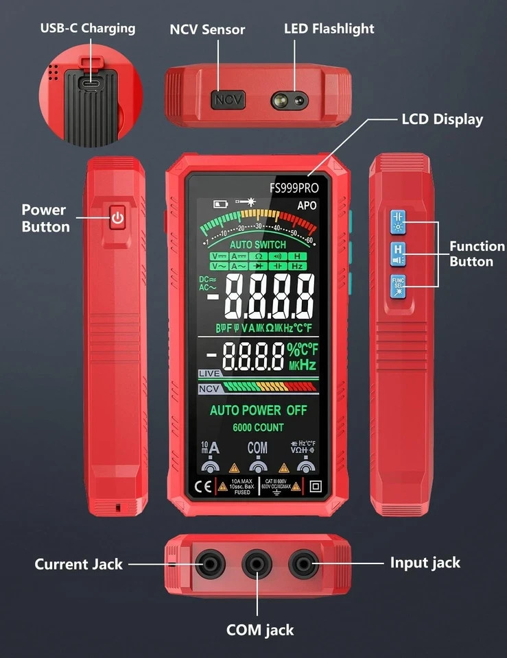 Digital Multimeter Tester Auto-Ranging TRMS 6000 Counts Voltmeter Smart Recharge