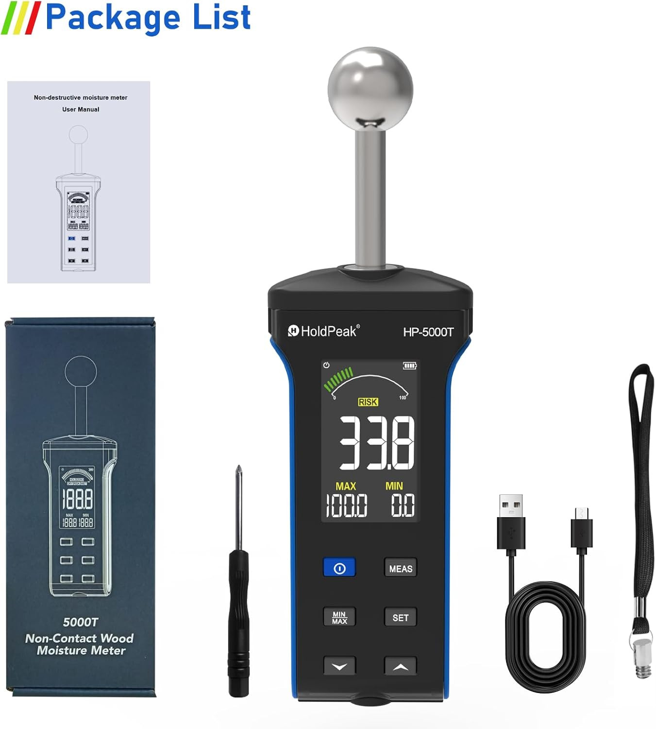 HOLDPEAK Pinless Wood Moisture Meter 20-40mm for Wood Concrete Walls Floor LCD