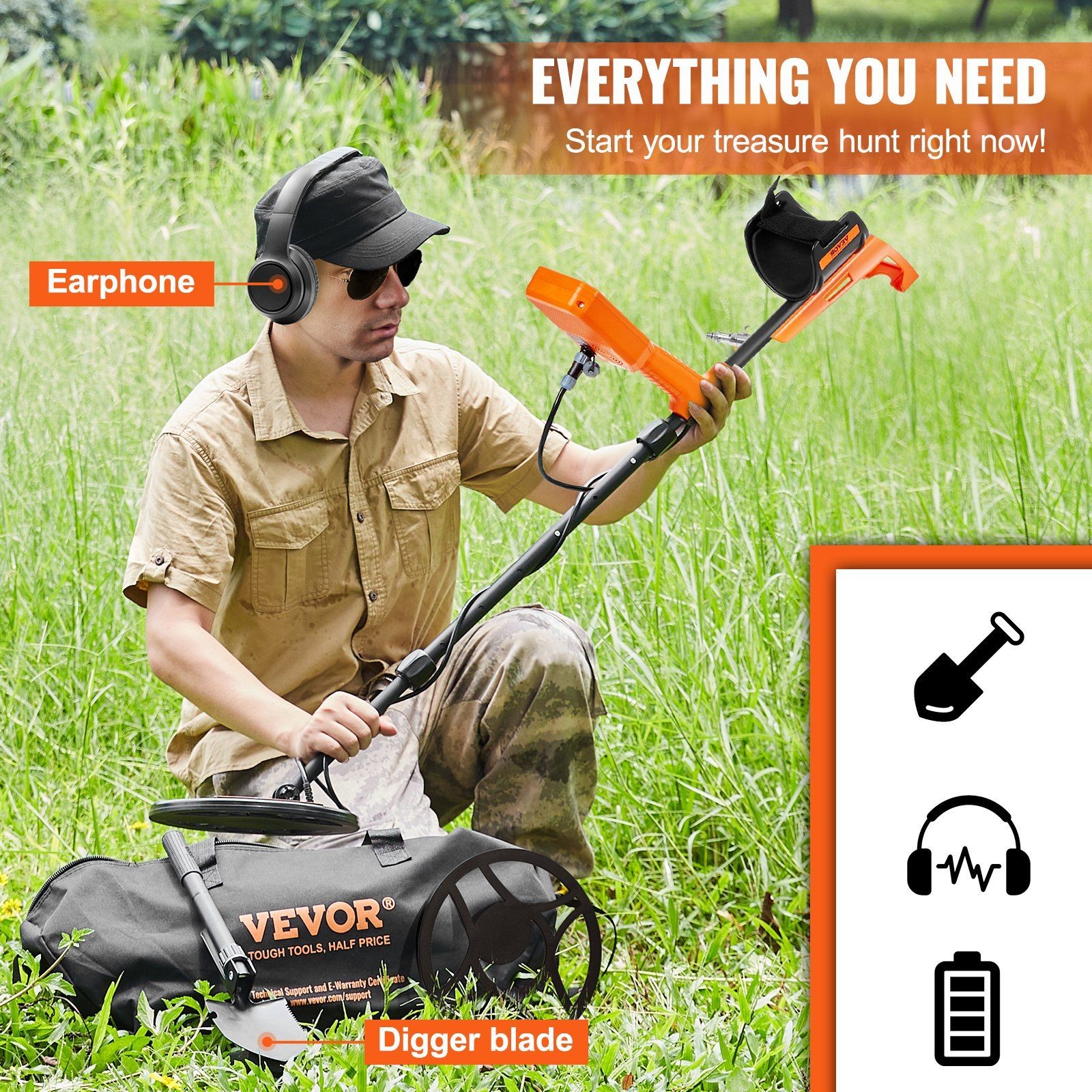 12in Waterproof Gold Detector, 39-50in Adjustable Handle, 7 Modes, LCD Backlit