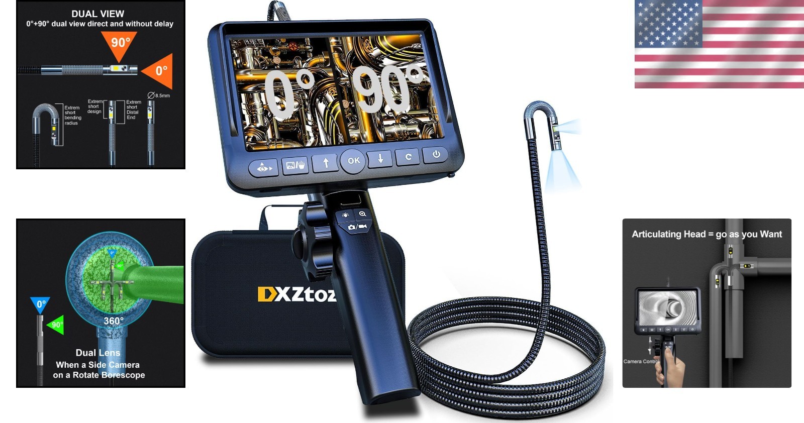 Dual-Lens Articulating Borescope with Light 5FT