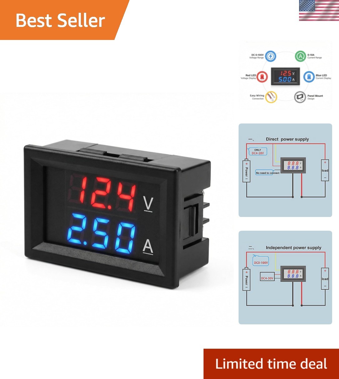 0.28″ LED Digital Voltmeter Ammeter, Dual-Color 0-100V 10A for Safe Monitoring