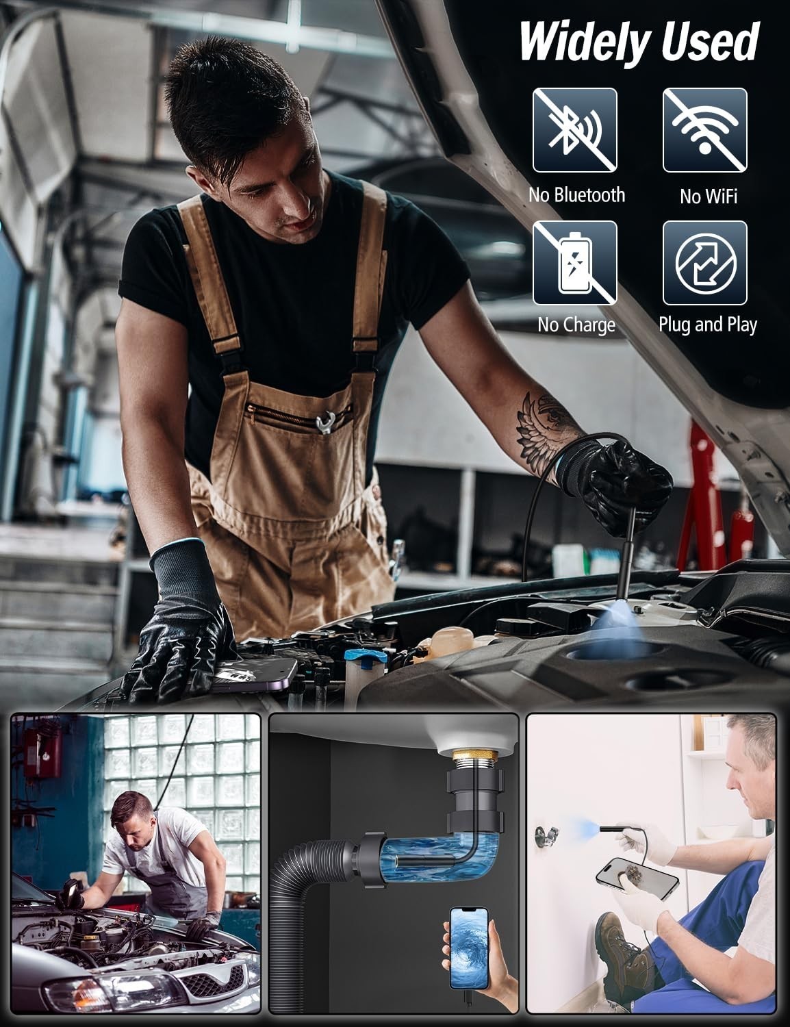 Endoscope Inspection Cameras,1920P HD Borescope Cameras,32.8ft Semi-Rigid ，A