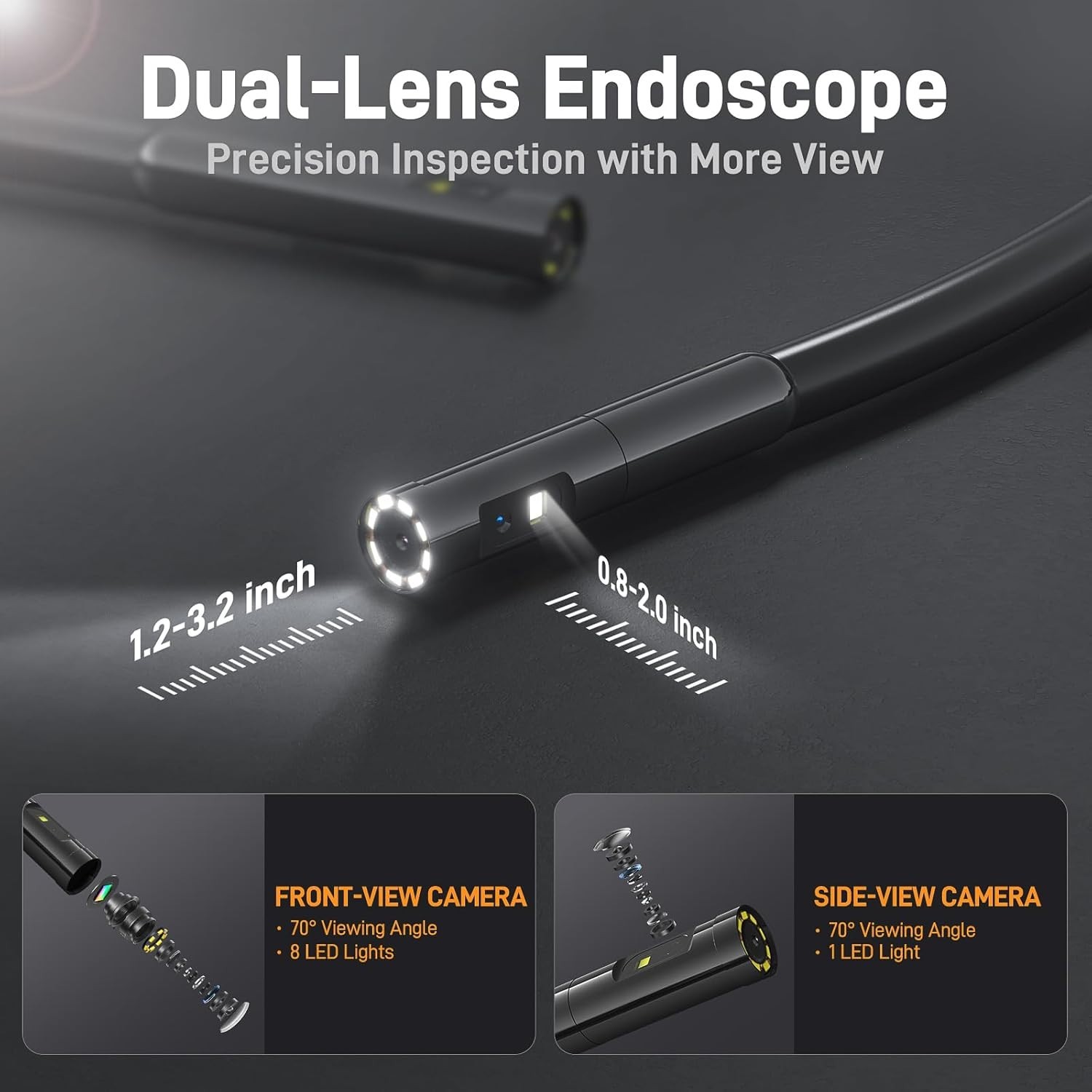 Dual Lens Endoscope w/Light Mechanic Borescope Inspection Camera Fiber Optic