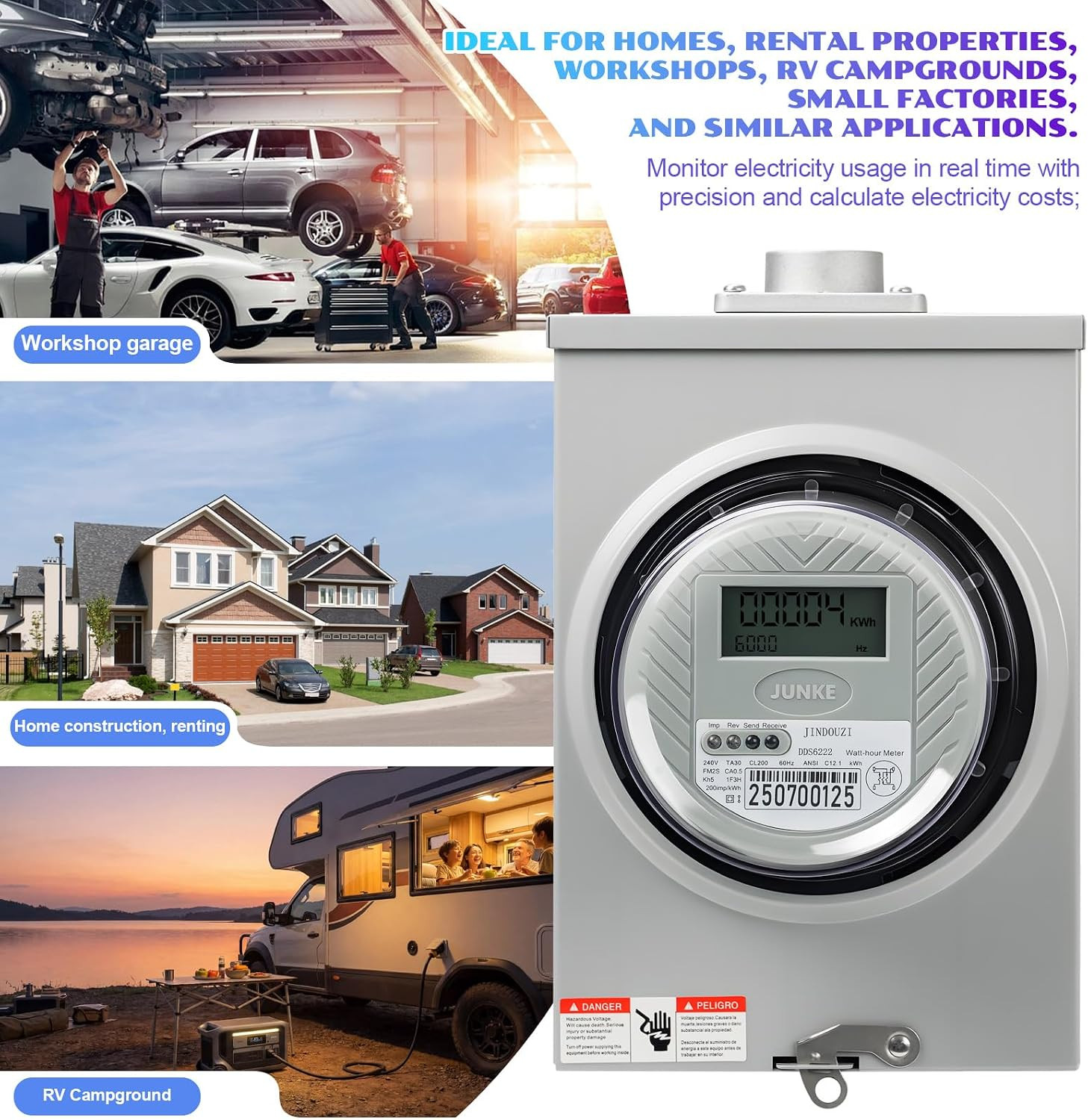 Digital Electric Meter,240V 2 Wire KWH Meter,Watt Meter, Used for RV and Home Me