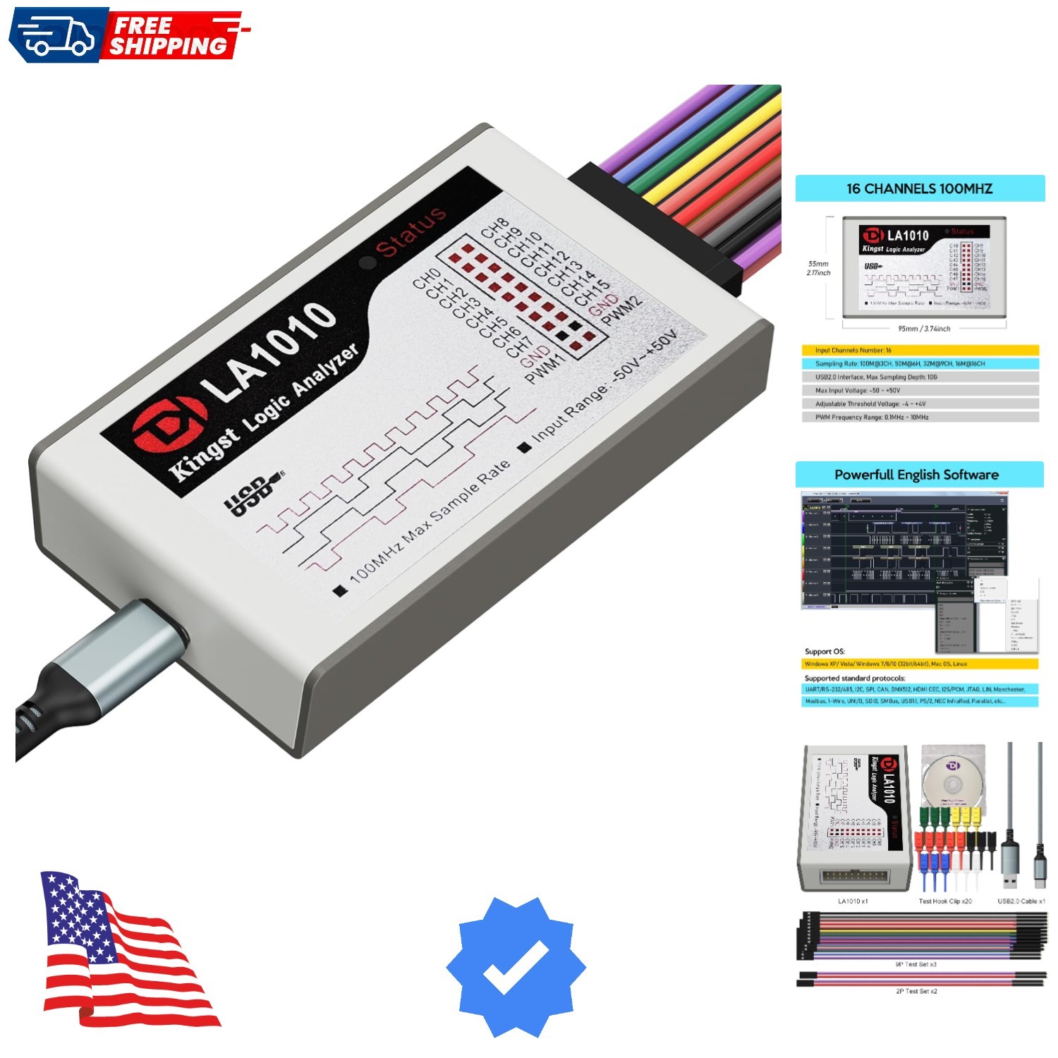 LA1010 USB Logic Analyzer 16 Input Channels 100MHz with The English PC Softwa…