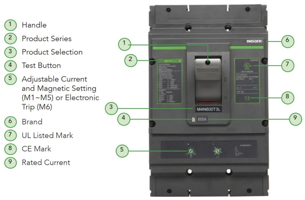 NOARK molded case circuit breaker annotated diagram highlighting key information