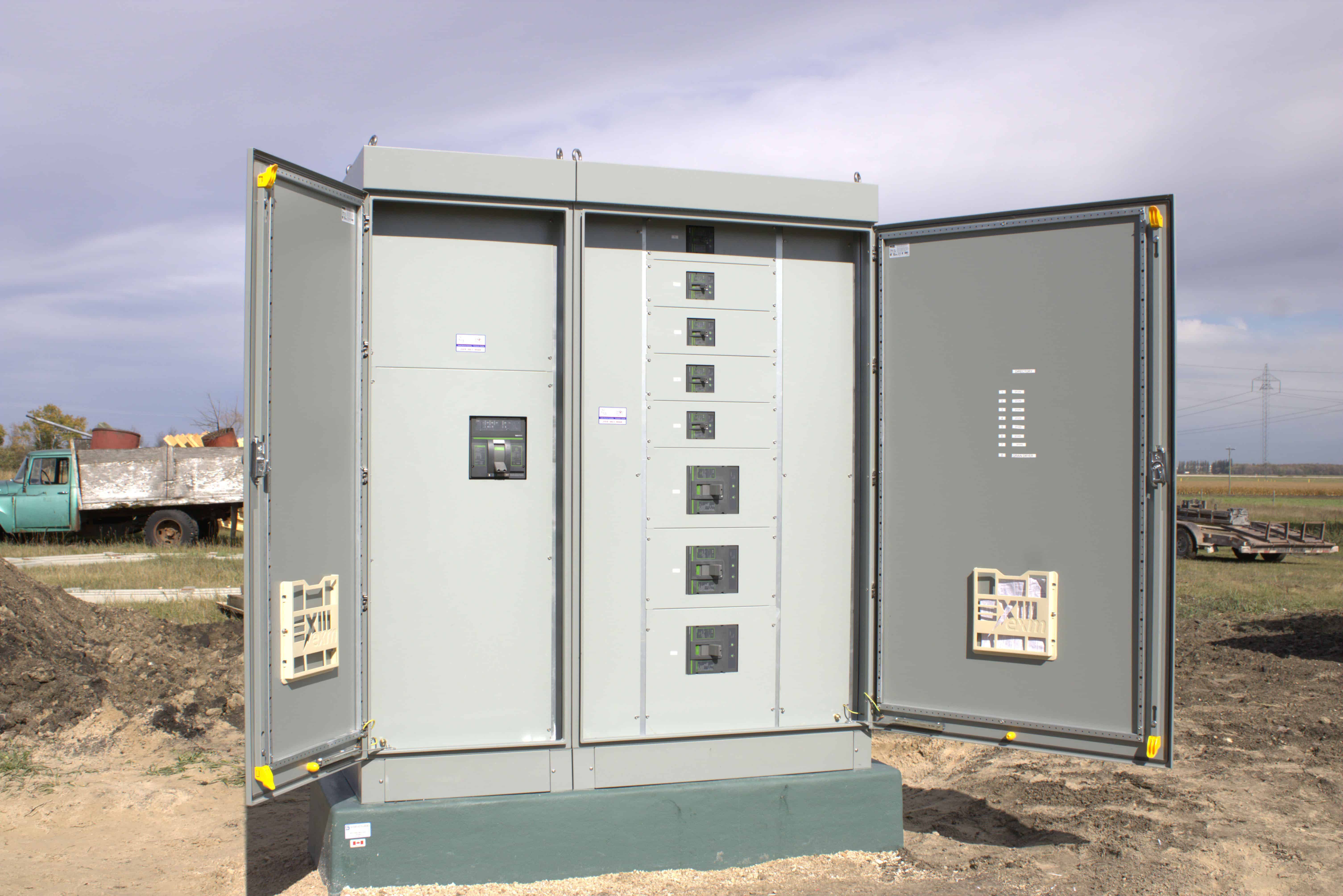 ETAC Switchboard with doors open revealing NOARK breakers installed outdoors