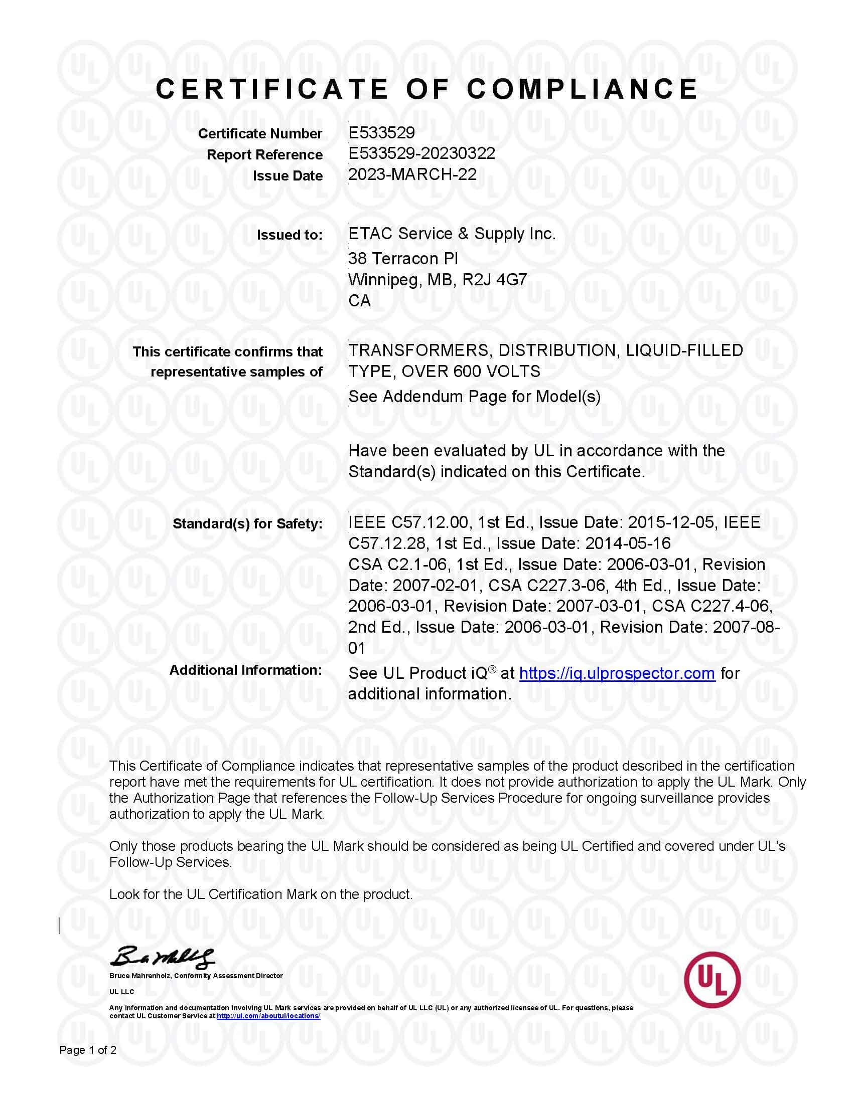 ETAC cULus Certificate