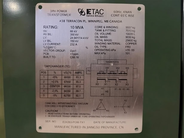 Padmount Substation Transformer Nameplate