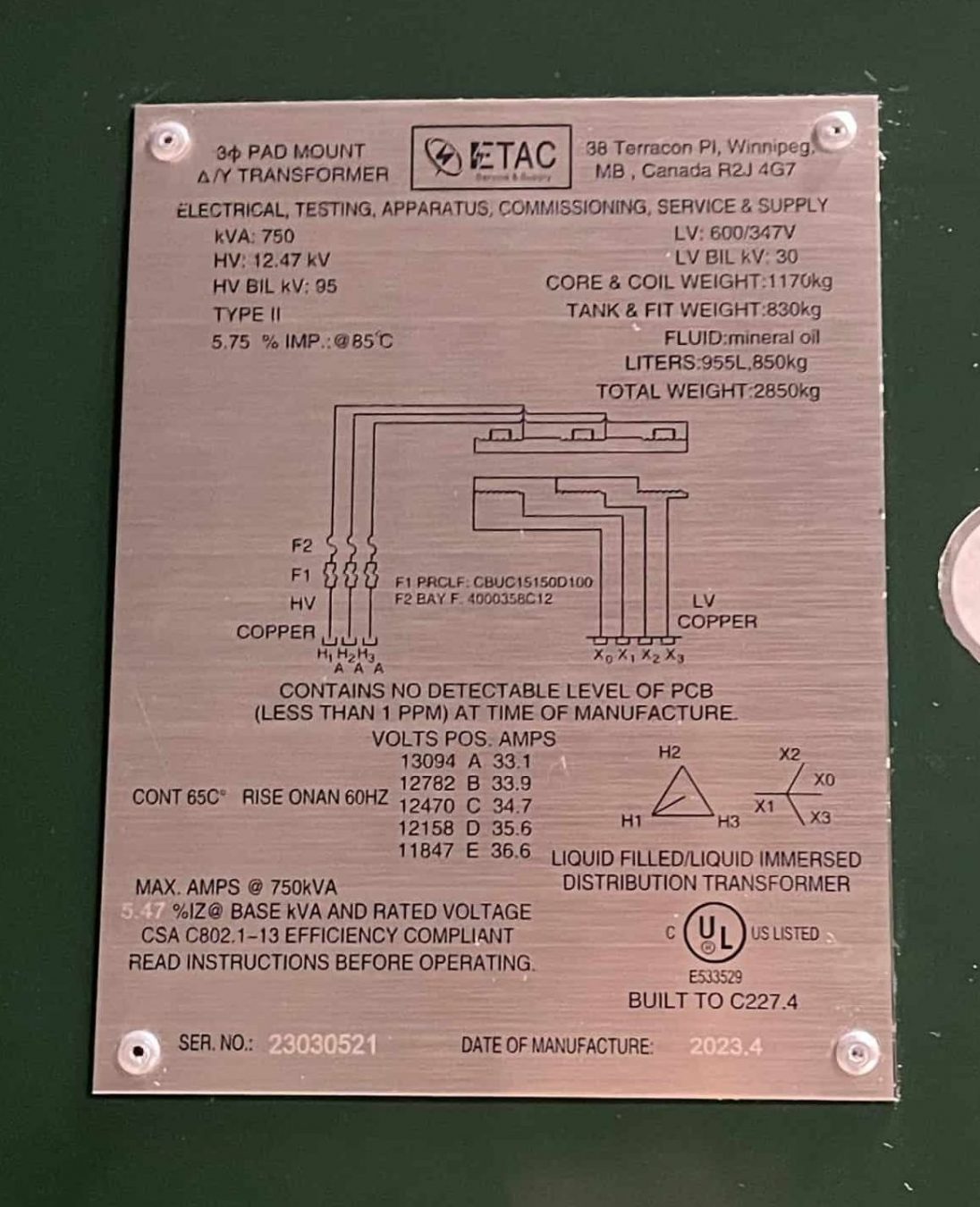 ETAC-Padmount-Transformer-Nameplate-UL-CSA